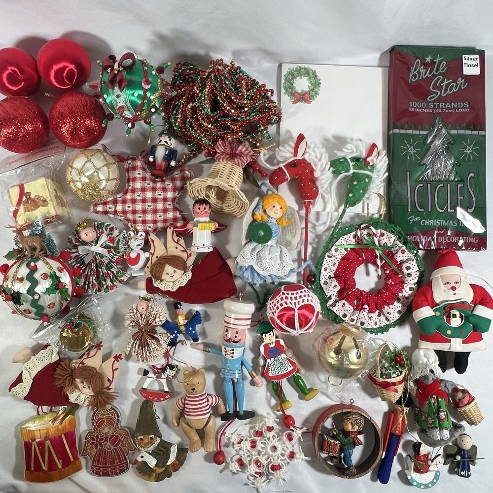 Vintage Kitschy Traditional Tacky Christmas BIG Lot Ornaments Tinsel Garland